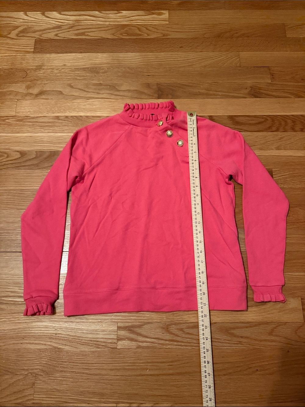 Talbots Pink Ruffle-Neck Sweatshirt with Gold Buttons - Picture 2 of 9